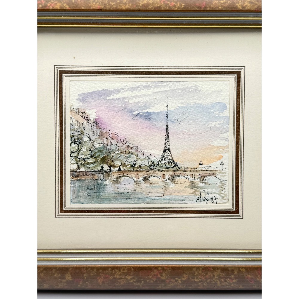 Vintage 1987 miniature Paris Eiffel Tower Original Watercolor Framed Painting - Picture 2 of 5
